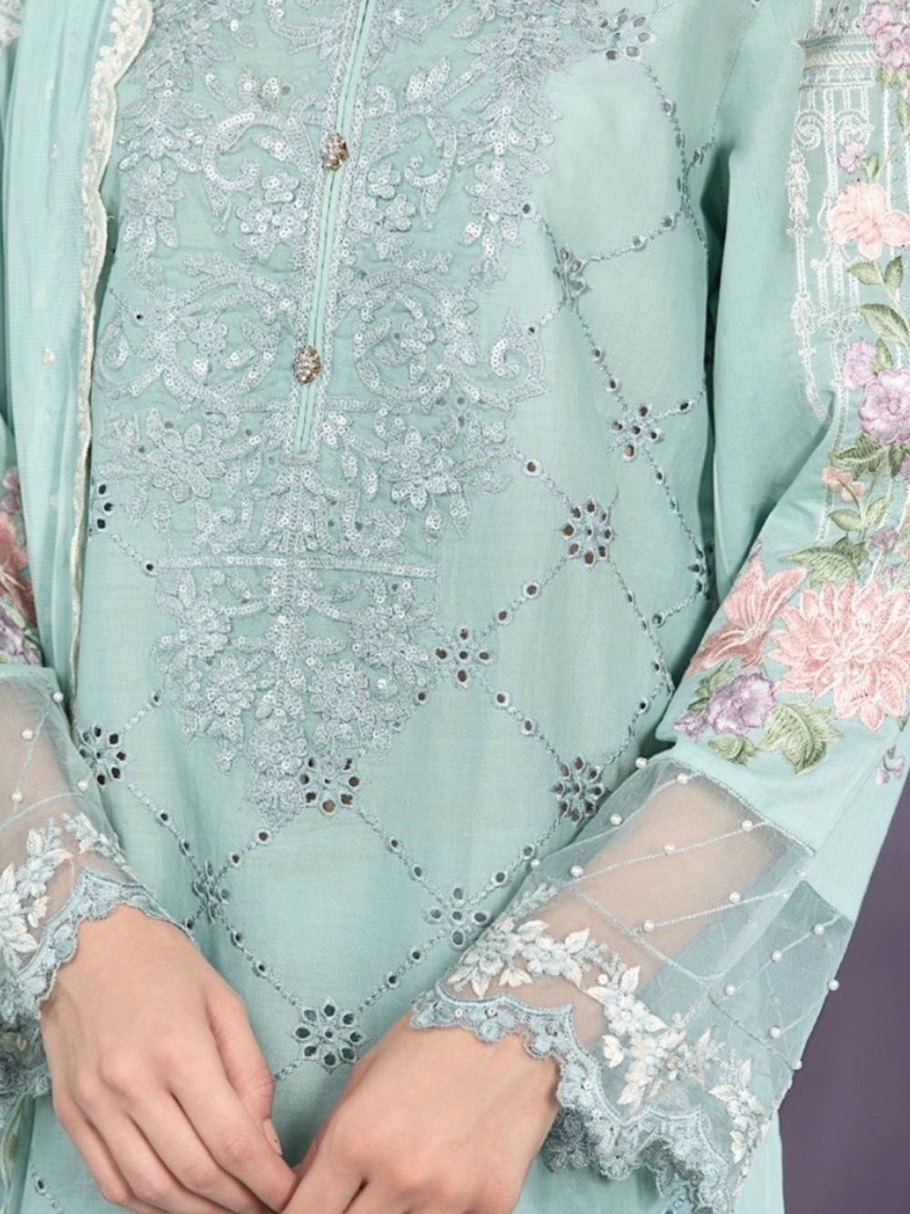 Maria B Luxury Embroidered 3 Piece Set Mint Green Salwar Kameez Suit Size [M] - Picture 3 of 6